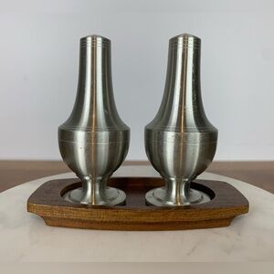 MCM Salt Pepper Shakers Pewter Wood Tray Vintage Mid-Century Modern Decor